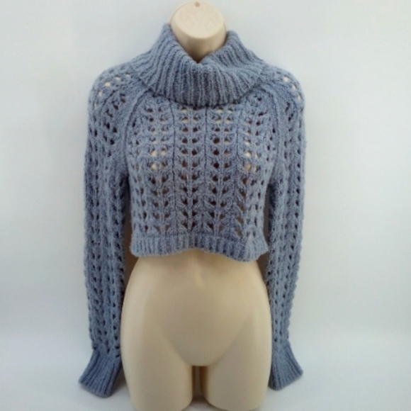Free People Cropped Gray Open Knit Ribbed Cotton Blend Turtleneck XS - Picture 1 of 11